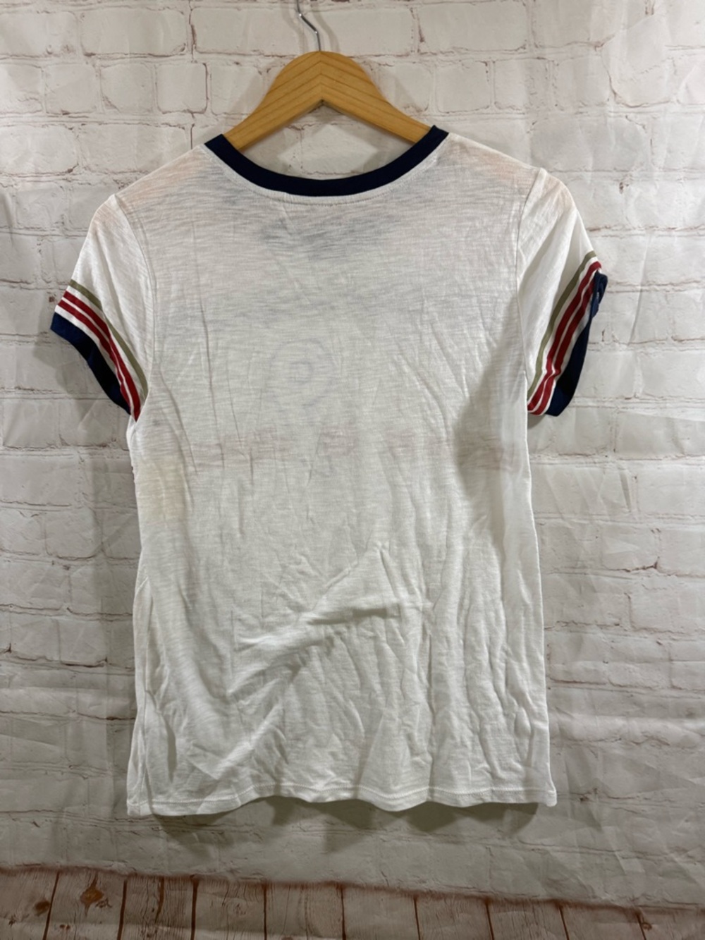 Lucky Brand Retro 1990 Graphic Ringer Tee in White with Blue Trim Womens Small - Picture 3 of 6